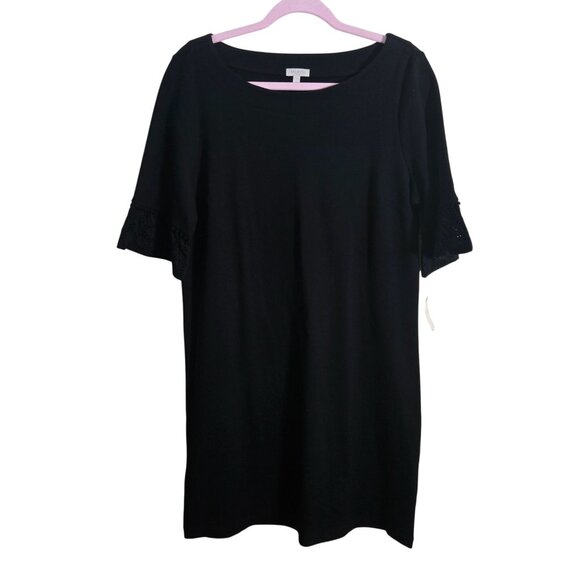 Talbots NWT Eyelet Interlock Shift Dress Black Classic Sustainable Cotton Size M - Picture 2 of 8